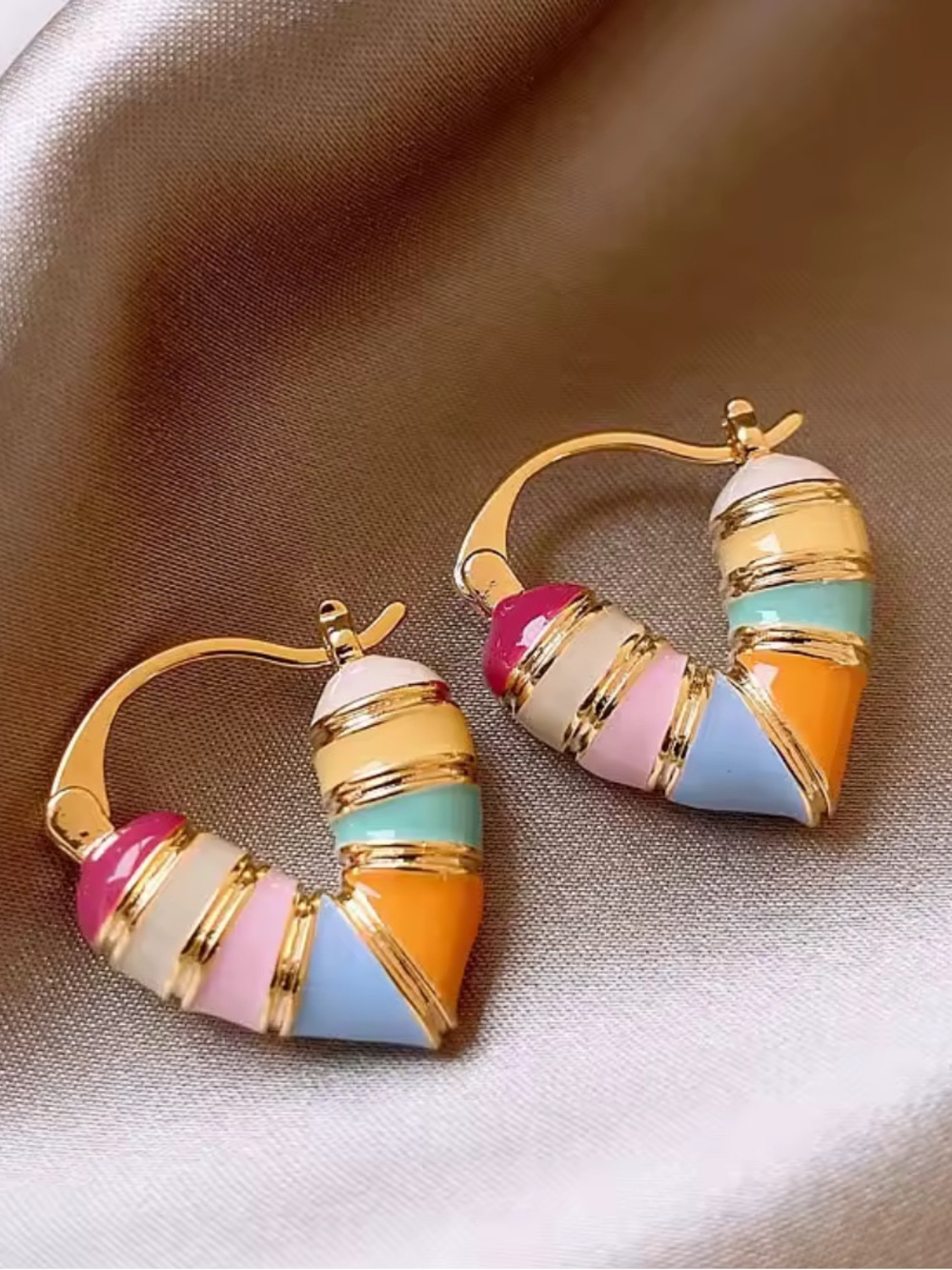 Anthropologie Gold Heart Hoop Earrings with Multicolor Enamel